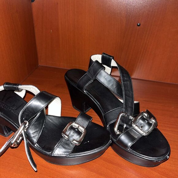 AGL Black Italian Leather Platform Sandals with Ankle Strap – Size 38.5 / US 8 - Picture 1 of 4